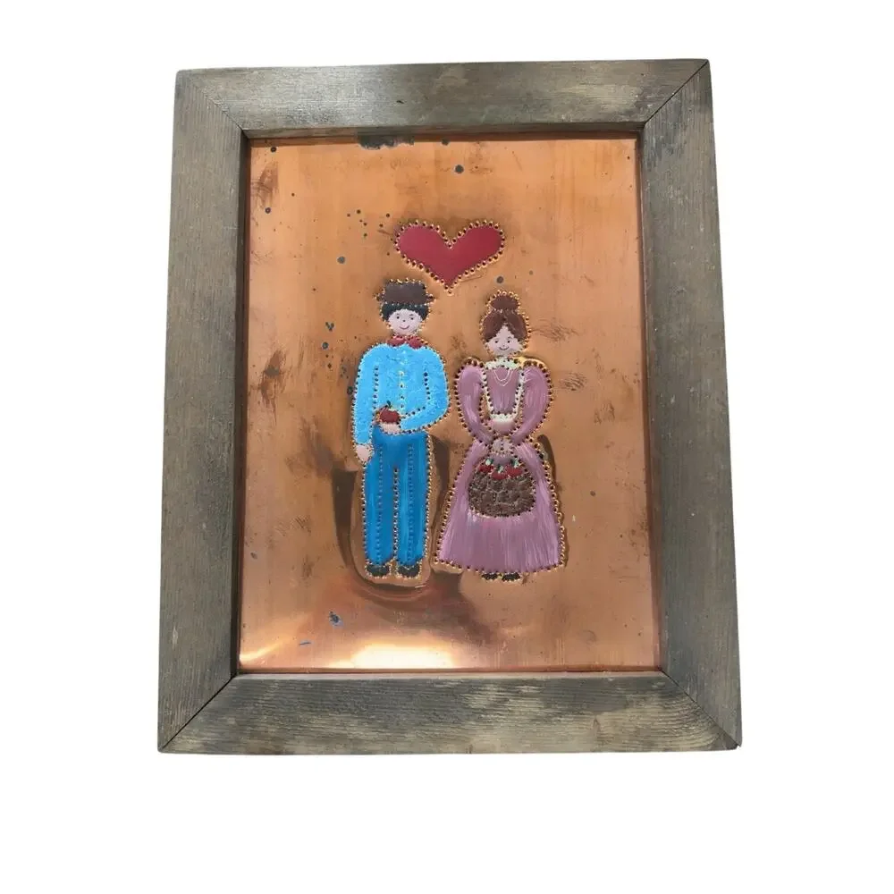 Vintage Folk Art Copper Wall Hanging Hand Painted Couple Heart Framed 11x14
